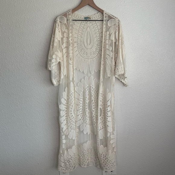68 Rebellion Again Women's M Cream Boho Sheer Kimono Duster Coastal Festival - Picture 2 of 10